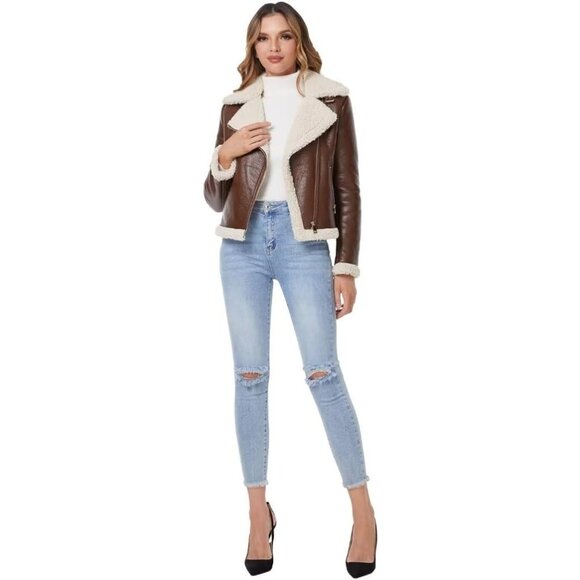 ⚡Women's Brown Shearing Fur Winter Coat Warm Thick Fur Lined Faux Leather Jacket - Picture 3 of 4